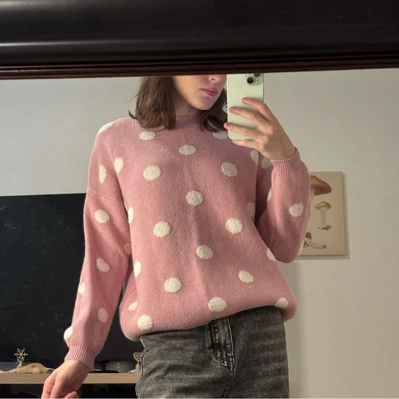 Chelsea & Theodore Medium Pink and White Polka Dot Sweater - Picture 1 of 7
